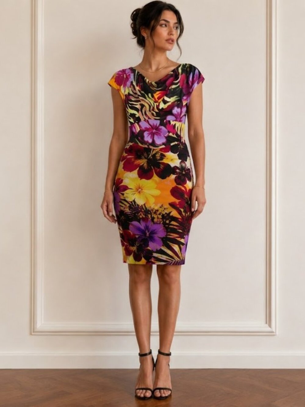 Y2K Cache Women's Size M Floral Cowl Neck Sheath Dress Pull On Sleeveless